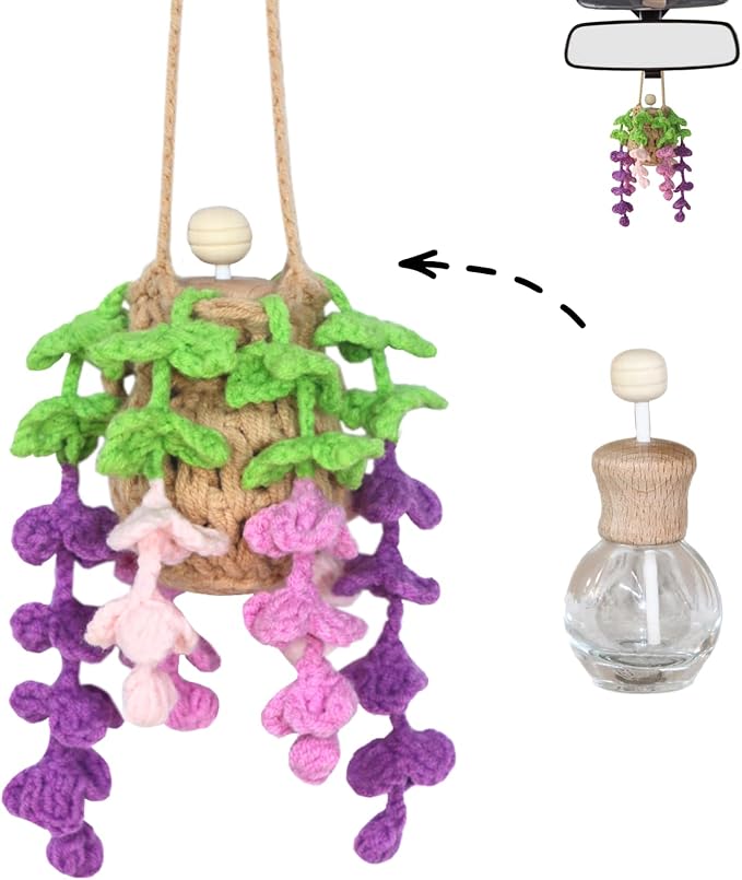 Handmade Crochet Hanging Car Air Freshener - Botanical Wisteria Blossom Design with 12ml Refillable Glass Essential Oil Bottle, Long-Lasting Car Diffuser & Nature-Inspired Decor