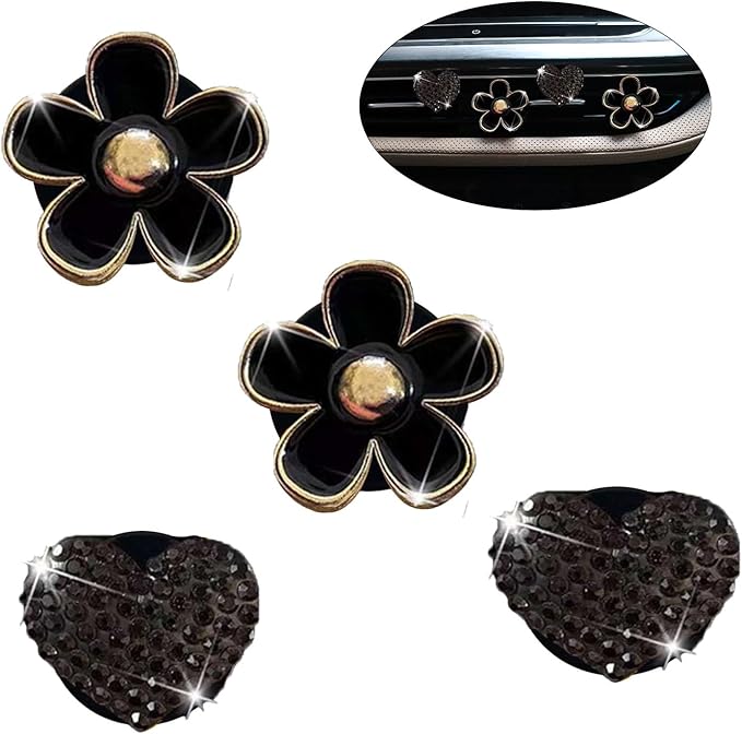 4PCS Car Air Vent Clips with Fragrance Pads, Cute Flower Car Air Fresheners Vents Clips Diamond Vent Clip Auto Interior Decor Charm Bling Auto Accessories Decoration for Women (Black)