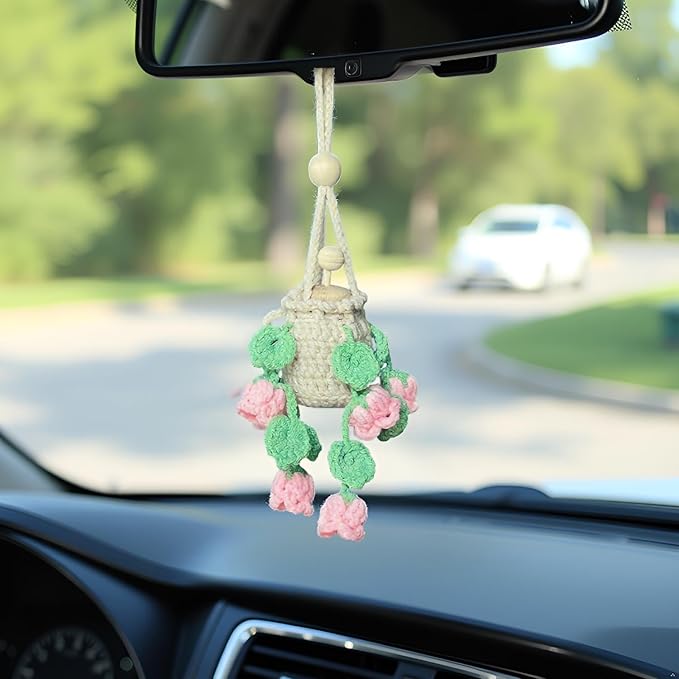 Handmade Crochet Hanging Essential Oil Diffuser Plant for Car Air Freshener | Cute Décor Knitted Succulent Fresheners for Refillable Scent Oils Holder Deffusers (Bellflower)