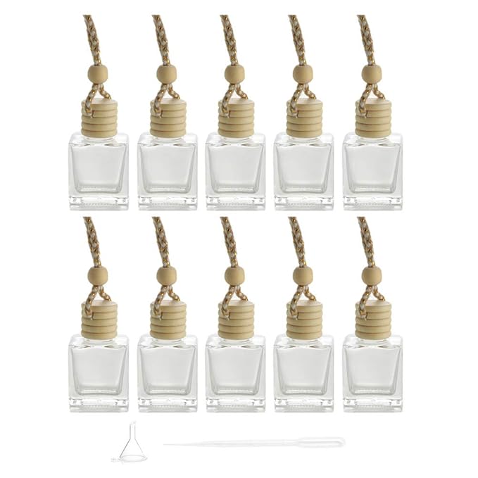 10 Packs Car Hanging Diffuser Empty Glass Perfume Bottles Air Freshener Diffuser Bottle Pendant Oil Fragrance Aromatherapy Bottle Ornament Decor (square)