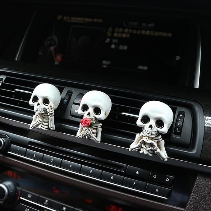 Set of 3 Halloween Skull Decor Cute Car Air Freshener Vent Clips, Resin Skeleton Holding Rose Car Diffuser Romantic Dashboard Decorations Auto Interior Accessories for Men Women