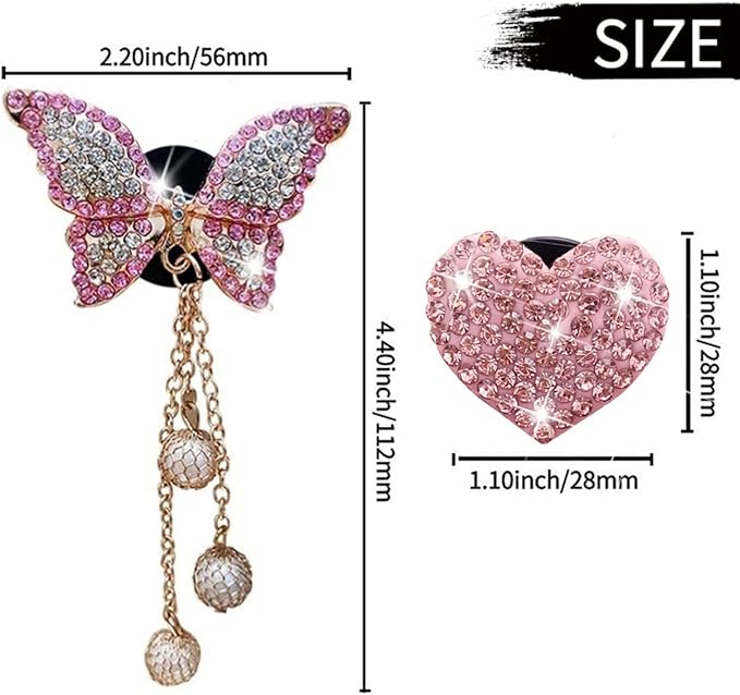Pink Heart & Butterfly Pandent Air Vent Clips, 4 Pcs Bling Heart Car Air Fresheners Vents Clips Diamond Interior Decor Bling Cute Car Accessories Decoration for Women +Sunflower Mask Hook