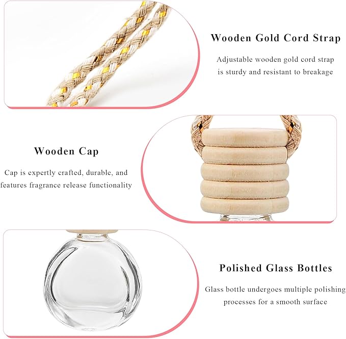 4 PCS Hanging Car Air Freshener, Empty Clear Glass Bottle Pendant Essential Oil Diffuser with Wooden Cap, 8ml Refillable Aromatherapy Bottle Perfume Ornament for Most Vehicles (Oblate)