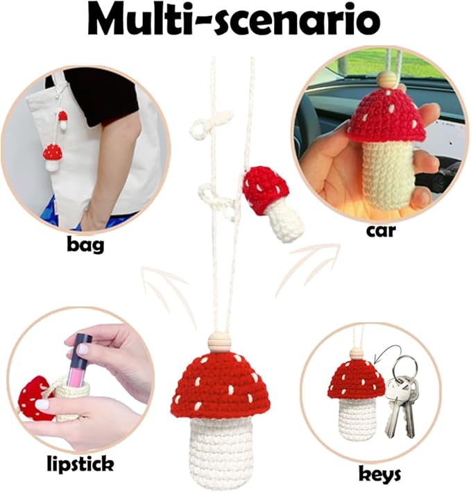 Cute Car Air Freshener Hanging Crochet Car Accessories, Cute Cars Fresheners for Women, Crochet Plant Rear View Mirror Accessories, Red Mushroom