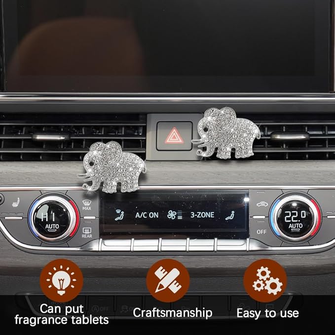 2PCS Elephant-Shaped Car Vent Clip with Rhinestone, Car Vent Accessories, Elephant Design Auto Air Freshener Diffuser, Rhinestone Air Conditioner Outlet Clip for Women Girls (Silver, Elephant)