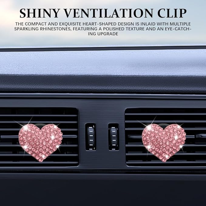 4PCS Heart-Shaped Car Vent Clip with Rhinestone, Vent Clip Car Accessories, Sparkly Rhinestone Bling Diamond Freshener Holder, Air Conditioning Outlet Ornament for Women Girls (Pink, Style1)