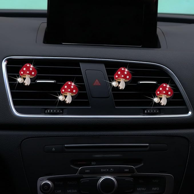 4 Pcs Red Mushroom Air Vent Clip Accessories Air Conditioning Outlet Clip Car Air Freshener Dashboard Accessories Charm Car Inter Decor Cute Interior Accessories for Women