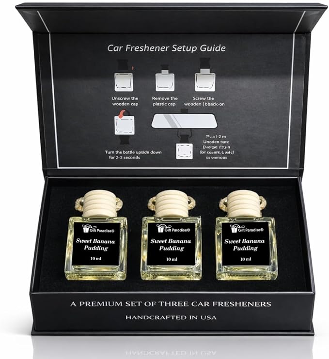 Gift Paradise® Sweet Banana Pudding Car Air Freshener Set of 3 – 10 ml Hanging Diffusers with Wooden Cap – Creamy Banana Vanilla Scent – Long-Lasting – Magnetic Gift Box