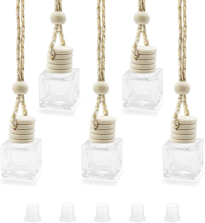 5 pcs Car Hanging Empty Glass Perfume Bottles Pendant Bottle, DIY Air Freshener Pendant, Empty Clear Glass Essential Diffuser Oil Aromatherapy, Glass Bottle Decor (Square)