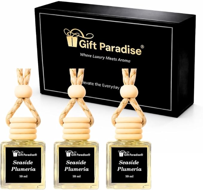 Gift Paradise® Seaside Plumeria Hanging Car Air Freshener Set of 3(10 ml) Fragrance Oil Diffusers with Wooden Cap, Tropical Floral Beach Scent, Long-Lasting for Car, Closet & Office, Magnetic Gift Box