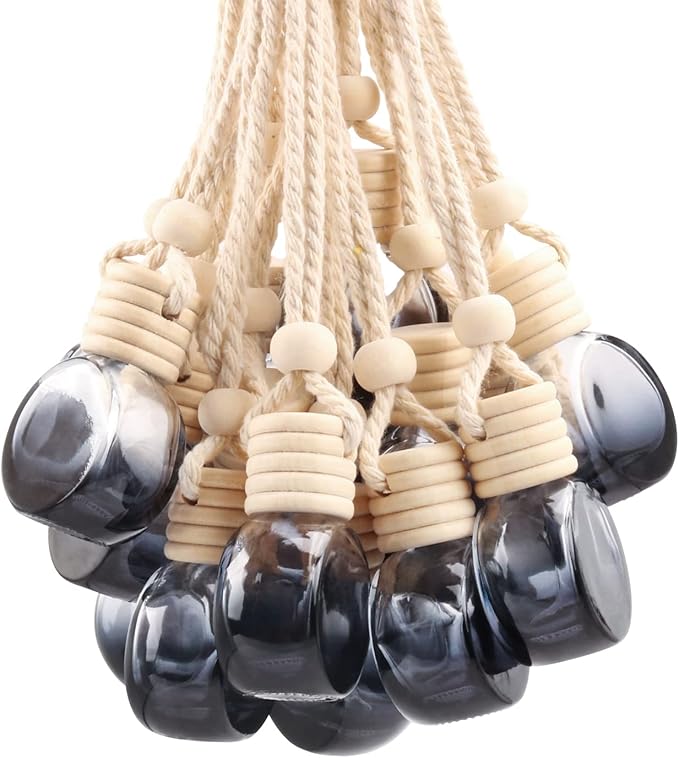 20 Pcs Oblate Shape Hanging Car Air Freshener Diffuser,Empty Refillable Black Gradient Glass Essential Oil Hanging Decor Aromatherapy Fragrance Pendant Vials with Wooden Caps & Hanging String