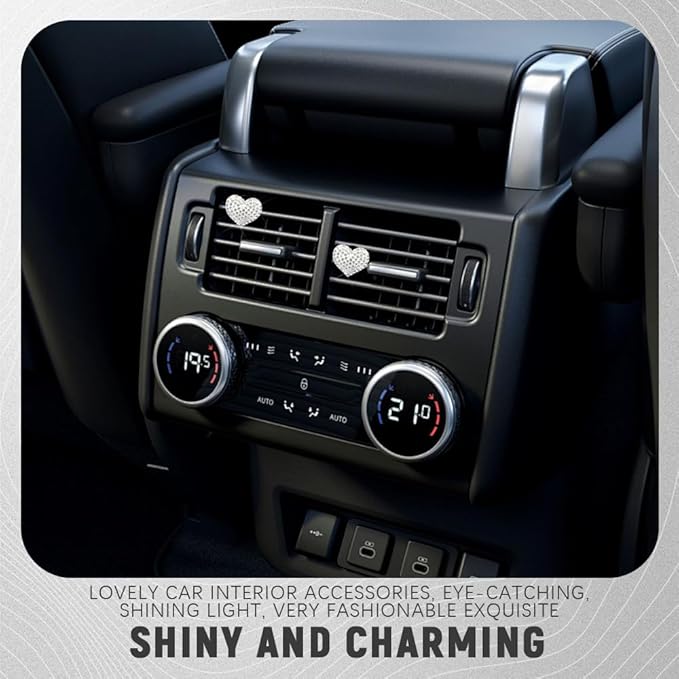 2PCS Bling Heart Air Vent Clips, Heart Shaped Crystal Air Freshener Vent Clips, Rhinestone Air Conditioning Outlet Clip, Universal Interior Decor Car Accessories for Women Girl (White)