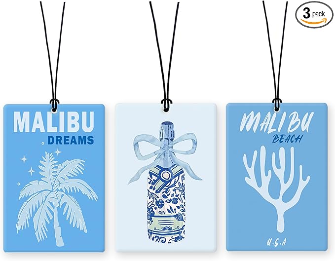 Lacama Blue Beach Preppy Car Air Freshener 3Pcs, Coastal Malibu Palm Tree Coral Champagne Bottle Cars Scents Air Freshener for Women Girls Gifts, Preppy Car Accessories Interior Mirror Decor Hanging