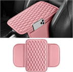 Car Armrest Cushion Pad, Leather Vehicle Center Console Cover with 2 Storage Bags, Non-Slip Automotive Interior Arm Rest Seat Box Cover Accessories, Universal for SUV RV Sedan (Pink)