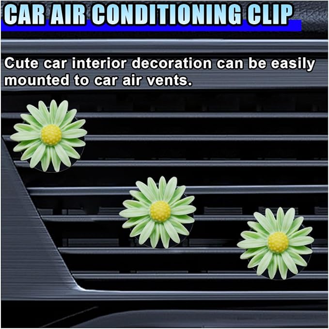 3PCS Daisy Flower Car Dashboard Air Vent Trim Clip, Cute Daisy Air Conditioner Outlet Clip Car Charm for Women, Car Air Vent Clip Auto Interior Decoration for Girls Present (Green)