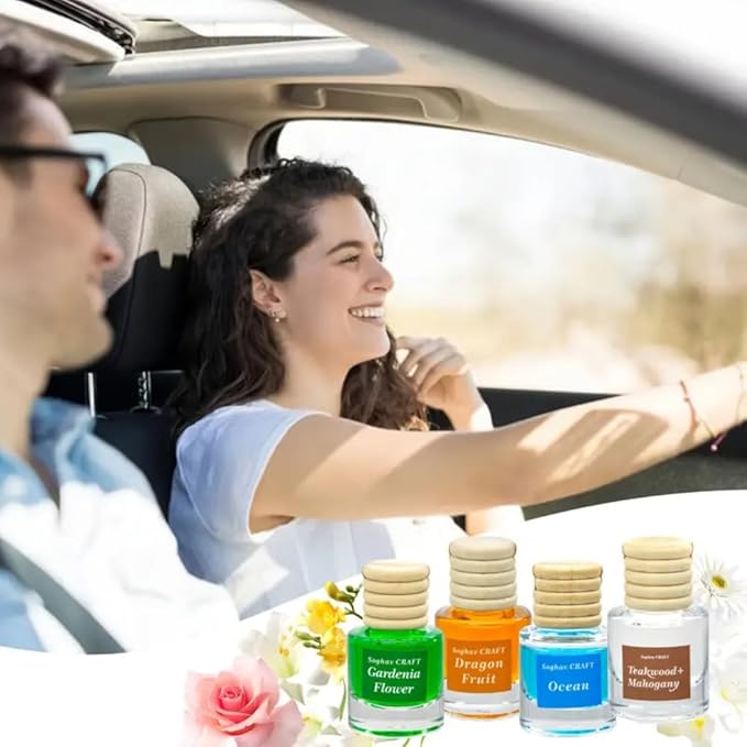Air Diffuser Essential Oil Set | 12 Natural Scents Like Jasmine, Ocean, Sandalwood | Long Lasting Car Air Freshener for Women & Men | Hanging Glass Bottles, Air Freshener for Travel (8 ML Per Bottle)