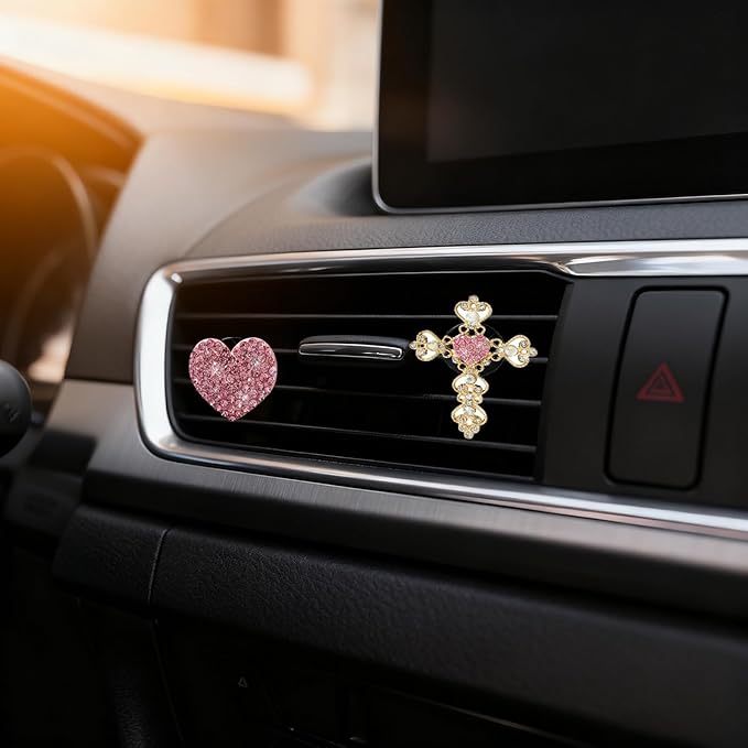 2PCS Bling Car Vent Clip Car Accessories, Crystal Rhinestone Cross and Heart Car Air Fresheners Vent Clips, Diamond Auto Air Conditioner Outlet Decoration Charm for Women
