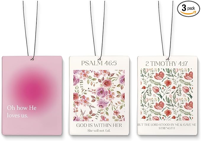Pink Flower Christian Car Air Freshener 3Pcs,Floral Bible Verse Cars Scents Air Freshener for Women Girls Gifts, Flower Religious Car Accessories Interior Mirror Decor Hanging