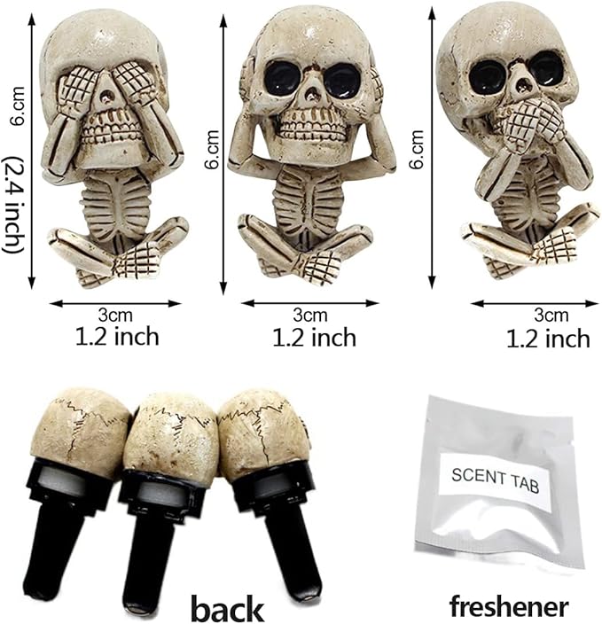 Car Air Freshener Vent Clips 3 Pack Car Accessories for Men Women, Cute Skull Auto Air Conditioner Vent Clips Decor, for Car Office Kitchen Home Halloween Christmas Gift