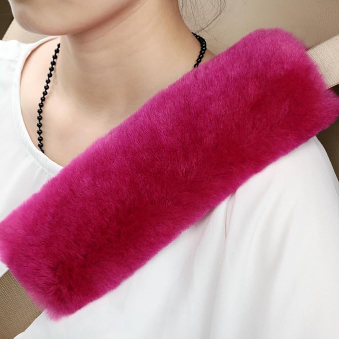 Soft & Cozy Australian Sheepskin Car Seat Belt Covers,2 Pack Fluffy Seatbelt Pads, Genunie Sheepskin Fur Shoulder Straps Cushions for Adults Kids Women and Men (Rose Red)