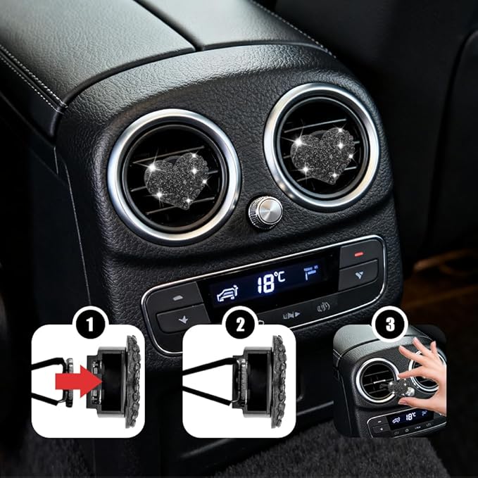 4PCS Heart-Shaped Car Vent Clip with Rhinestone, Vent Clip Car Accessories, Sparkly Rhinestone Bling Diamond Freshener Holder, Air Conditioning Outlet Ornament for Women Girls (Black, Style1)