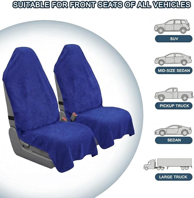 Car Seat Towel Cover, 2pcs Universal Front Seat Protector for Cars, SUVs and Trucks, Sweat Towel Car Seat Cover for Gym, Yoga, Swimming, Pets and Family Travel, Blue