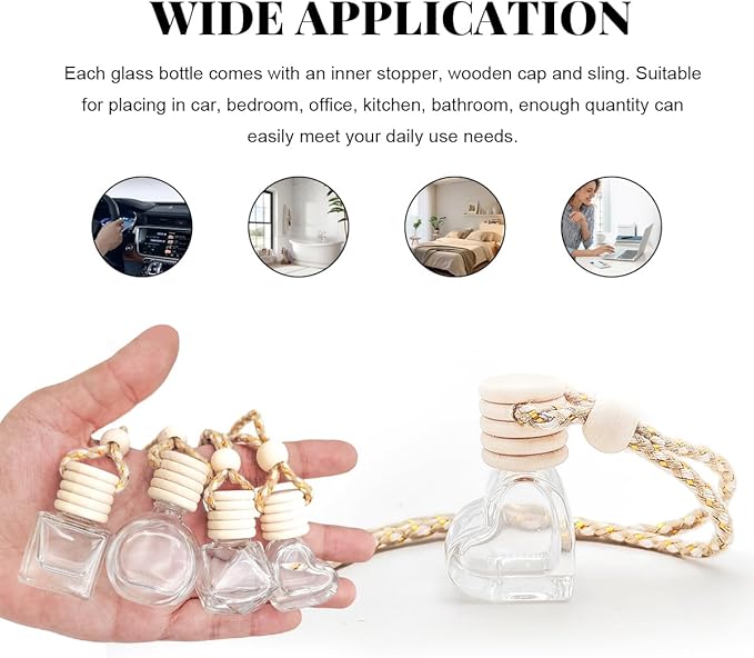 5 PCS Hanging Car Air Freshener, 8ml Empty Clear Glass Perfume Bottle Freshener Diffuser, Essential Oil Fragrance Aromatherapy Bottle Ornament for Car, Interior Car Accessories (Heart)
