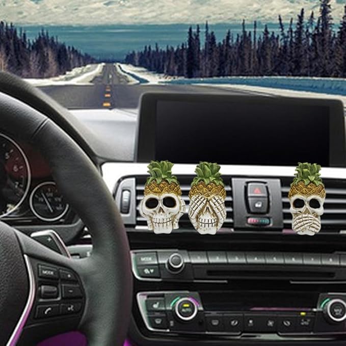 Car Air Fresheners Vent Clips 3 PCS Car Interior Accessories for Men Women Cute Skull Auto Air Conditioner Vent Clip Decor, for Car Office Home Halloween Christmas Gift (Pineapple Skull Set)