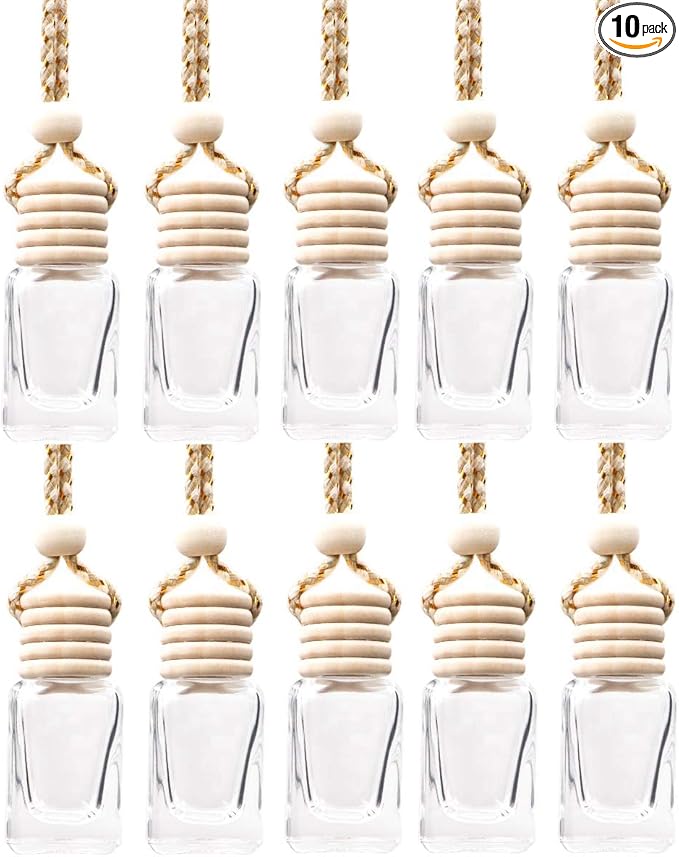 10 Pcs 8ml Hanging Car Air Freshener,Empty Clear Glass Cylindrical Essential Oil Diffuser Perfume Aromatherapy Pendant Bottle Vials With Wooden Caps & Hanging String-FREE 1 Funnel&Dropper