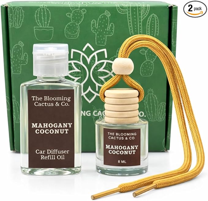 Car Air Freshener with 30ml Refill – Hanging Car Diffuser Oil, Long-Lasting Phthalate-Free Scent – Hanging Car Air Freshener + Refill. (Mahogany Coconut, 8 ml)