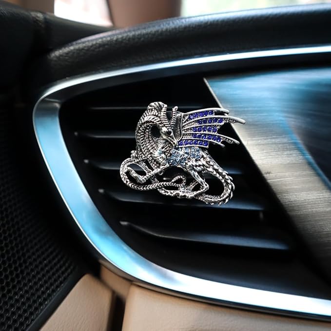 Bling Dragon Car Decor,2pcs Silver Blue Vintage Dragon Car Air Freshener Vent Clips,Refillable Diffuser