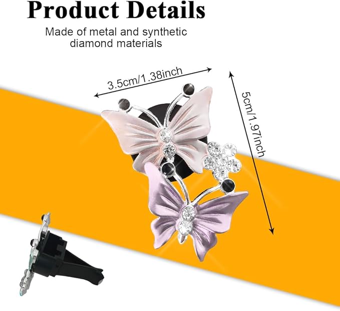 2PCS Car Air Fresheners Vent Clips, Butterfly Car Accessories, Sparkly Bling Dual Butterfly Auto Air Vent Clips, Automotive Cute Air Conditioning Outlet Decoration Universal for Women Girl