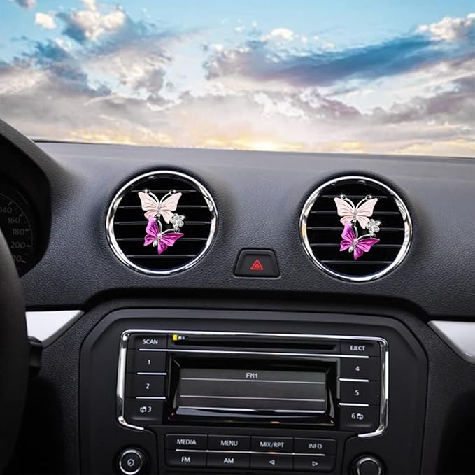 1PC Car Air Fresheners Vent Clips, Cute Dual Butterfly Diamond Rhinestone Car Vent Clip, Air Outlet Perfume Diffuser, Sparkly Bling Car Interior Decoration Accessories for Girls Women (Pink)