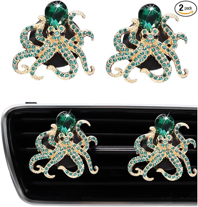 2pcs Octopus Car Vent Clips Car Air Freshener,Green Bling Car Accessories for Women,Ocean Animal Theme Beach Car Decor,Refillable Car Diffuser