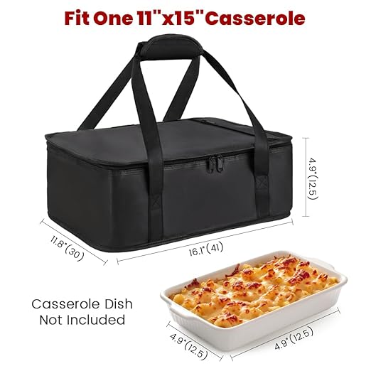 Bodaon Insulated Casserole Carrier Bag, Fits 9x13 and 11x15 Inch Baking Dish with Lid, Casserole Carriers for Hot or Cold Food for Transport, Thermal Lasagna Potluck Warmer Travel Tote, Black