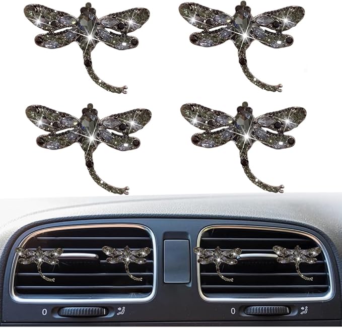 4Pcs Bling Rhinestone Crystal Dragonfly Air Freshener Vent Clips,Cute Car Air Fresheners Vent Clips Accessories,Refillable Car Diffuser, Glamorous Auto Decor (Grey)