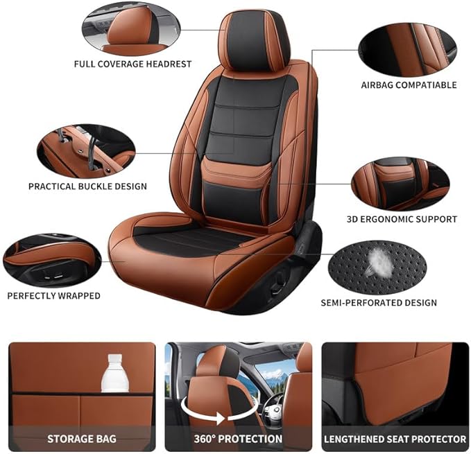 Car Seat Covers Full Set Custom Fit for Buick Regal 2009-2020-Luxury Leather with Lumbar Support, Breathable, Waterproof, Anti-Slip, Durable, Easy to Install (BlackBrown,Full Set)