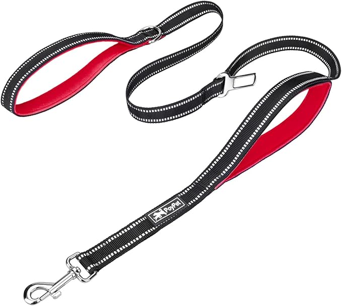 PoyPet 5 Feet Reflective Dog Leash Tether + Car Seat Belt+ Dual Padded Grip Handles (Red)