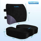 CloudBliss Lumbar Support Pillow & Seat Cushion Set for Office Chair, Desk Chair, Wheelchair & Car – Memory Foam Back Support, Ergonomic Chair Cushions, Sciatica Pain Relief, Home Essentials, Black