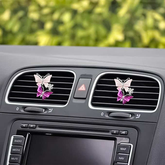 1PC Car Air Fresheners Vent Clips, Cute Dual Butterfly Diamond Rhinestone Car Vent Clip, Air Outlet Perfume Diffuser, Sparkly Bling Car Interior Decoration Accessories for Girls Women (Pink)