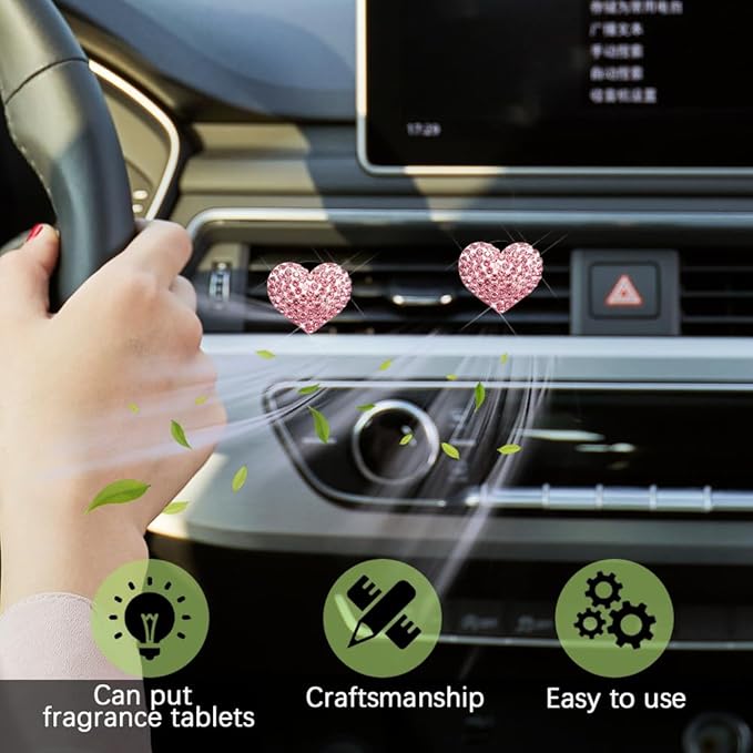 2PCS 2PCS Bling Heart Air Vent Clips, Heart Car Accessories, Bling Heart Charm Air Conditioning Outlet Clip, Car Interior Decor Air Fresheners Vent Clips Universal Fit for Women and Girls (Pink)