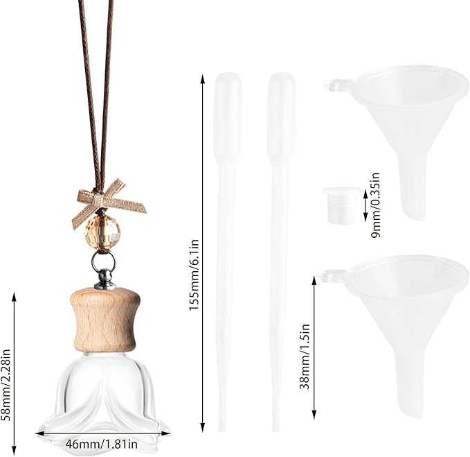6 Pack Leak-Proof Hanging Car Diffuser - 8ml Refillable Empty Bottles with Wood Caps, 3 Funnels & 2 Droppers - Essential Oil Air Freshener for Car, Home or Office (6, Rose)