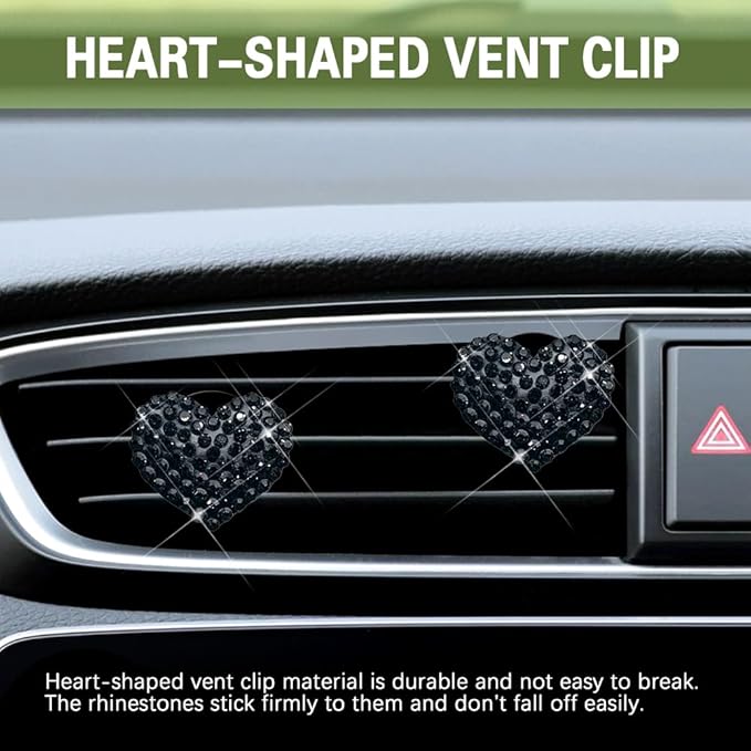 2PCS Bling Heart Air Vent Clips, Heart Car Accessories, Bling Heart Charm Air Conditioning Outlet Clip, Car Interior Decor Air Fresheners Vent Clips Universal Fit for Women and Girls (Black)