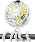 SWEETFULL Portable Stroller Fan with LED Display, 4 Speed Rechargeable Mini Clip On Fan, 360° Rotate Flexible Tripod Better Cooling Small Baby Fan for Car Seat Crib Travel Bike Treadmill (White)