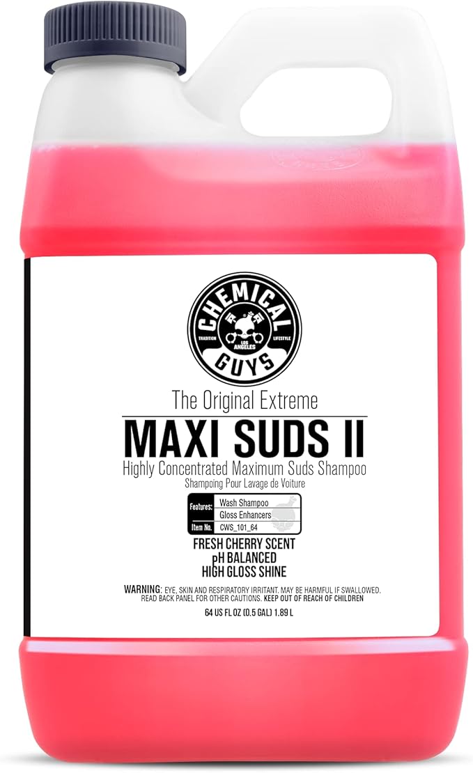 Chemical Guys Maxi Suds II Foaming Car Wash Soap – High Foam Car Wash Soap, Cherry Scent Shampoo and Gloss Booster for Foam Cannons, Guns or Buckets – Gentle, Safe for Trucks, SUVs, and RVs, 64 oz