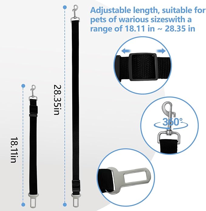 Adjustable Length Pet Car Seat Belt for Dogs, Cats, and Other Pets (Black)