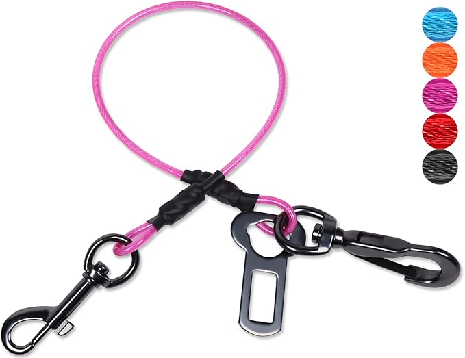VIVAGLORY Dog Seat Belt Tuffbelt Dog Car Harness, Seatbelt with Clip & Hook for Car Travel, Chew Proof Anti Chew Unchewable Metal Safety Tether Restraint, L, Pink