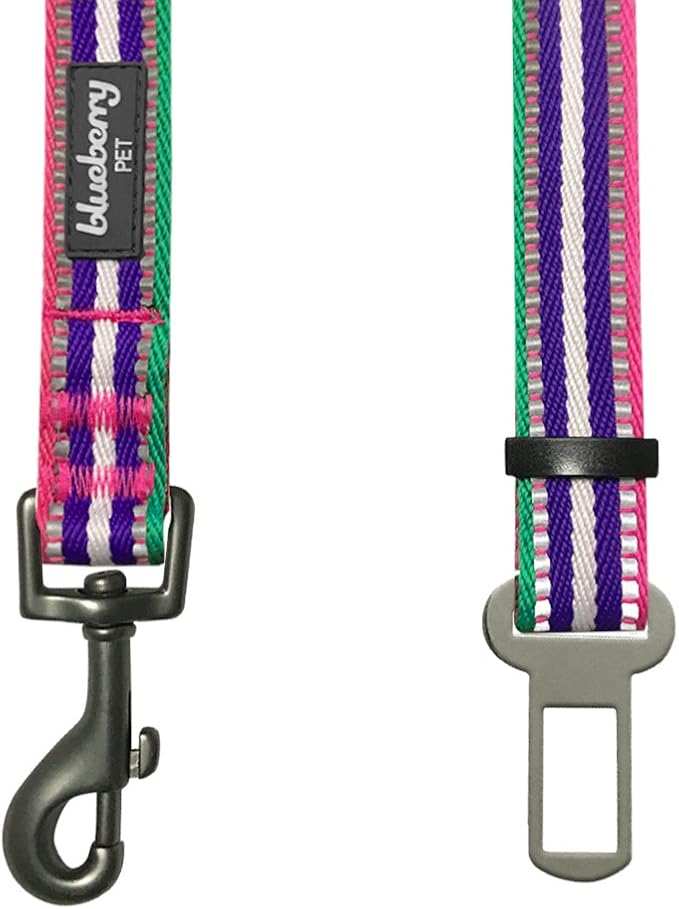 Blueberry Pet 6 Colors 3M Reflective Multi-Colored Stripe Adjustable Dog Seat Belt Tether for Dogs Cats, Pink, Emerald and Orchid, Durable Safety Car Vehicle Seatbelts Leads Use with Harness
