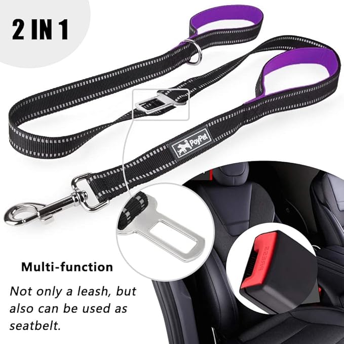 PoyPet 5 Feet Dog Leash - 3M Reflective - 2 Cushioned Handles - Functional Car Seat Belt (Purple)