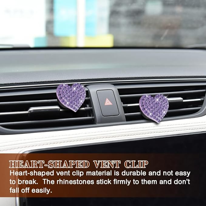 2PCS Heart-Shaped Car Vent Clip with Rhinestone, Car Vent Accessory, Bling Heart Charm Air Conditioning Outlet Clip, Auto Diffuser Air Freshener Charm for Women Girls (Purple, Heart)